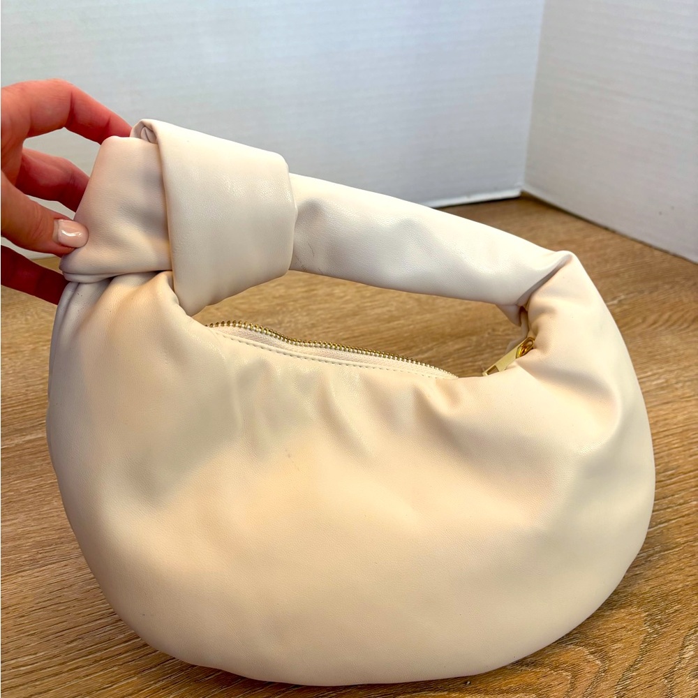 Melie Bianco Ivory Knot Handle Bag | Minimalist Crescent Shoulder Purse